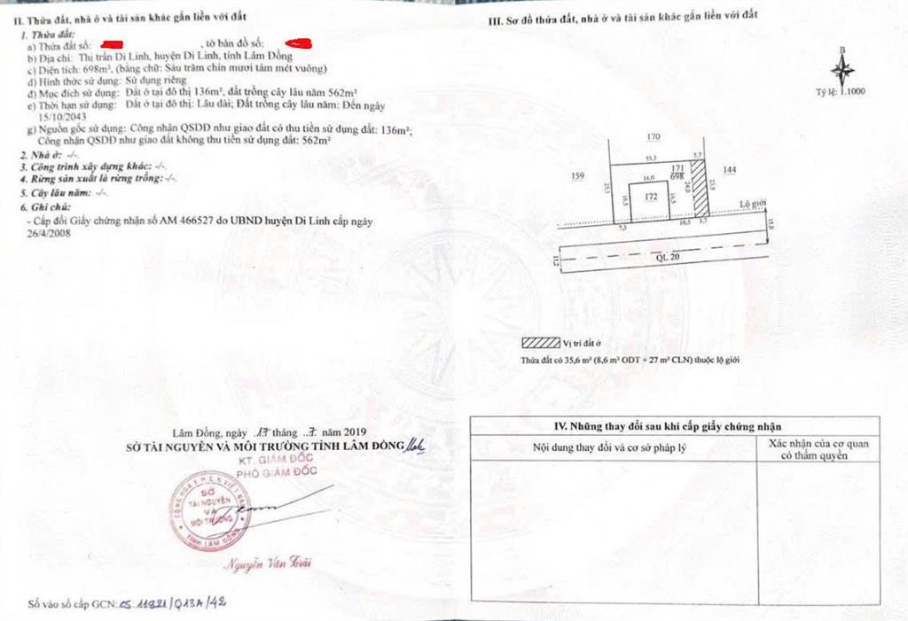 Bán gấp đất mặt tiền hùng vương, di linh, 1604m2, giá thỏa thuận