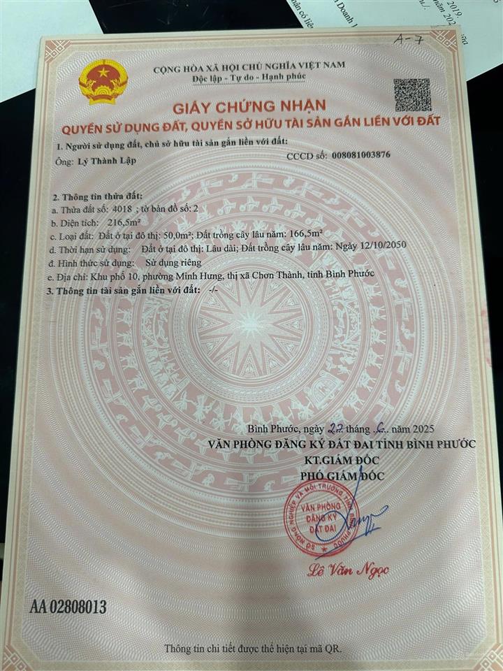 Chủ cần bán gấp lô đất cách kcn minh hưng hàn quốc 2 phút sổ sẵn giá full 390tr dt 200m2, tc 50m2