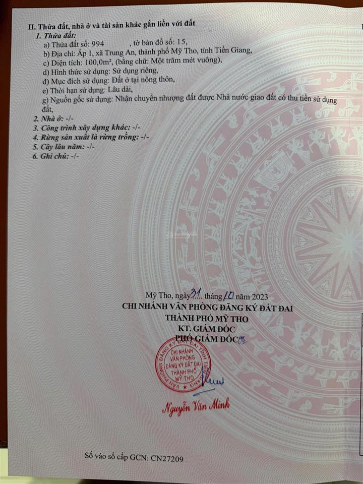 Bán gấp đất tại đường tỉnh lộ 870b, xã trung an, tp. mỹ tho, 800 triệu, 100m2