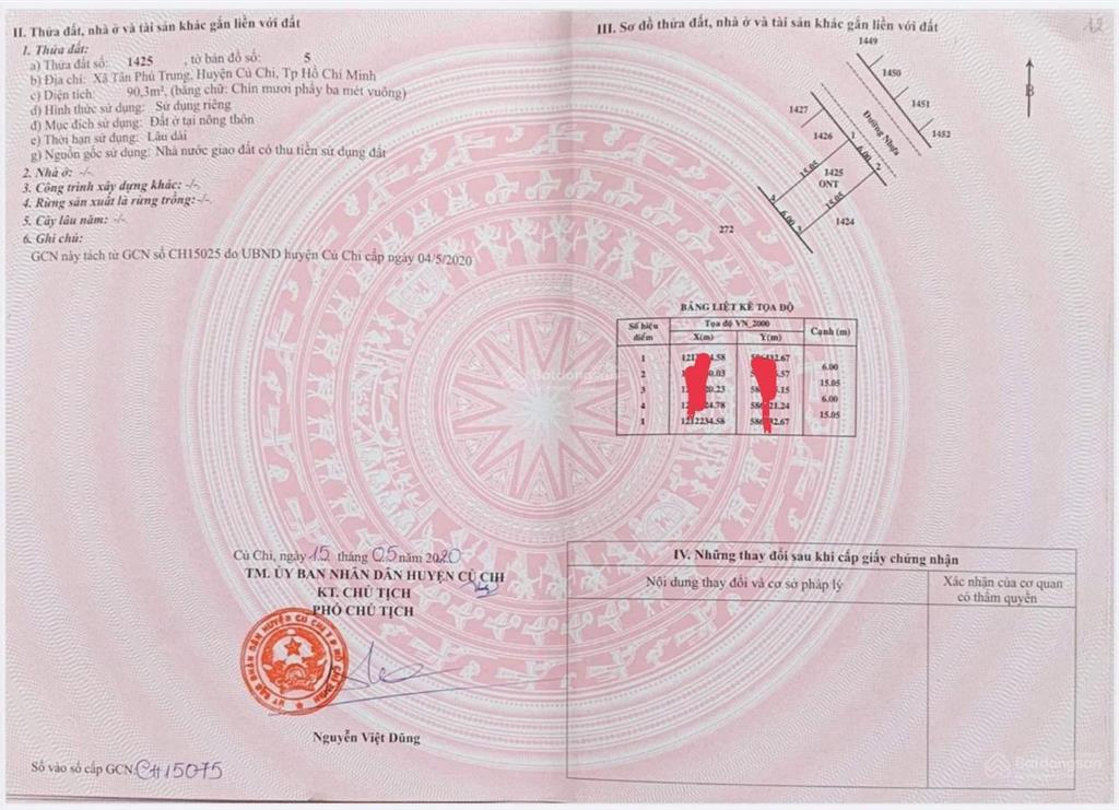 Bán lô đất full thổ cư 100% ngay nguyễn thị lắng xã tân phú trung 90m2 800tr sổ hồng riêng