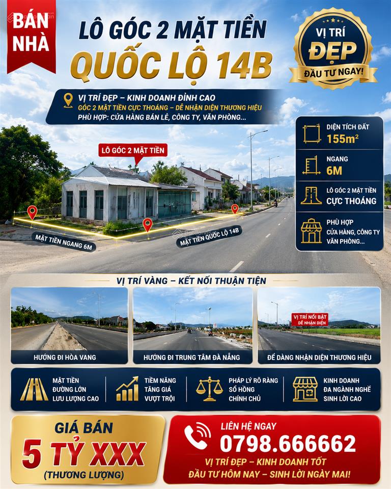 Lô góc 2 mt quốc lộ 14b, vị trí đã làm đường xong, thuận tiện kinh doanh nhận diện thương hiệu