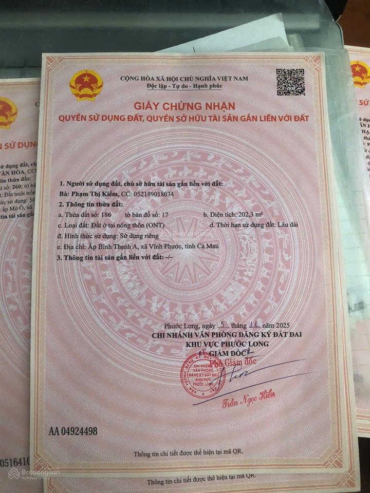Bán đất mt đường quản lộ phụng hiệp, phước long, bạc liêu