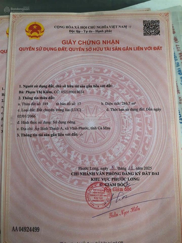 Bán đất mt đường quản lộ phụng hiệp, phước long, bạc liêu