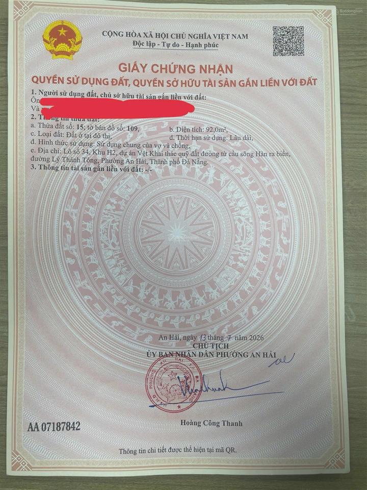 Bán lô đất 92m2 đường lý thánh tông 7,5m làn 2 sau phạm văn đồng phù hợp làm căn hộ giá tốt
