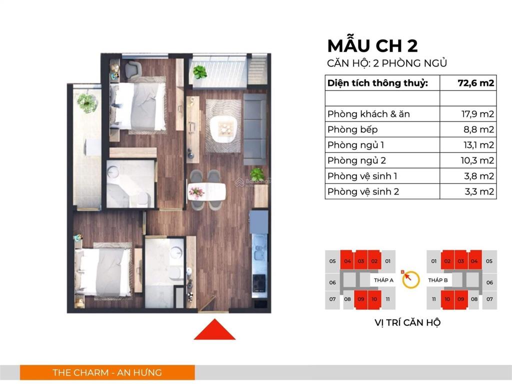 Bán cc the charm an hưng, 5,2 tỷ, 72m2, 2pn, 2wc tại hà đông