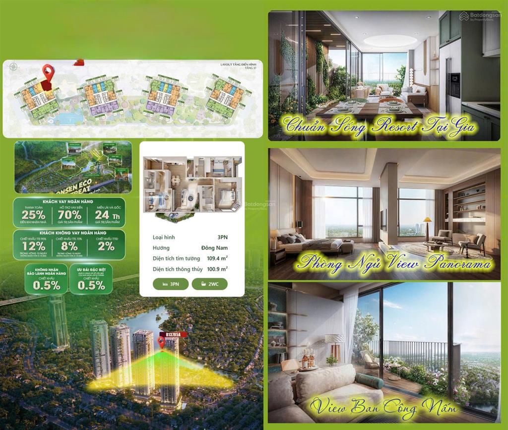 Forest onsen 3pn 109m², ban công nấm 10m², tt 1,3 tỷ nhận nhà.  0909 407 ***  em tiền