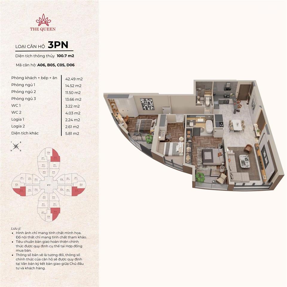 Độc quyền 9,6 tỷ sở hữu căn 3pn ban công đông nam  ck khủng 13.5%  the queen 360 giải phóng