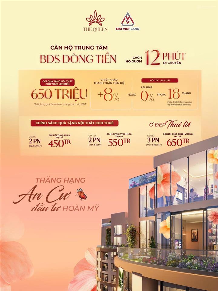 Độc quyền 9,6 tỷ sở hữu căn 3pn ban công đông nam  ck khủng 13.5%  the queen 360 giải phóng