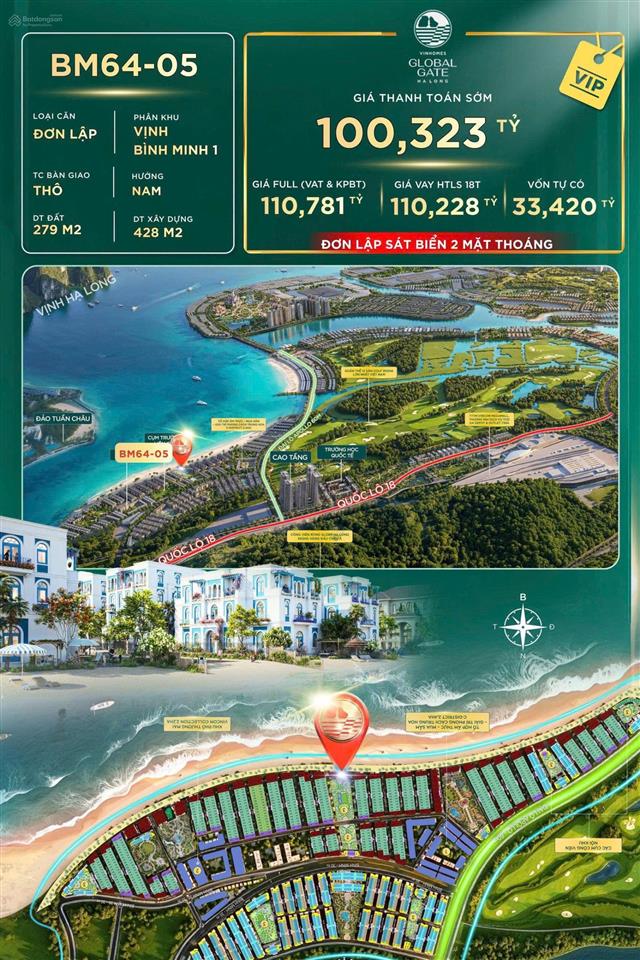 100 tỷ căn biệt thự đơn mặt biển bm6405. vinhomes global gate hạ long