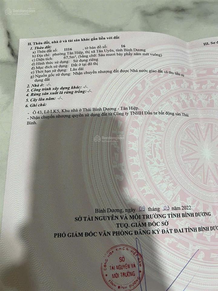 Bán đất lô ô 43 lk5  67.5m2  đường số 2, khu nhà ở thái bình dương  tân hiệp, đường tân hiệp 17