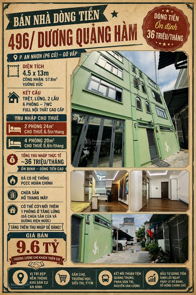 Hxh 496 dương quảng hàm p6 4.5x13m 3t 6pn 7wc tn 36tr/th giá 9.6 tỷ tl