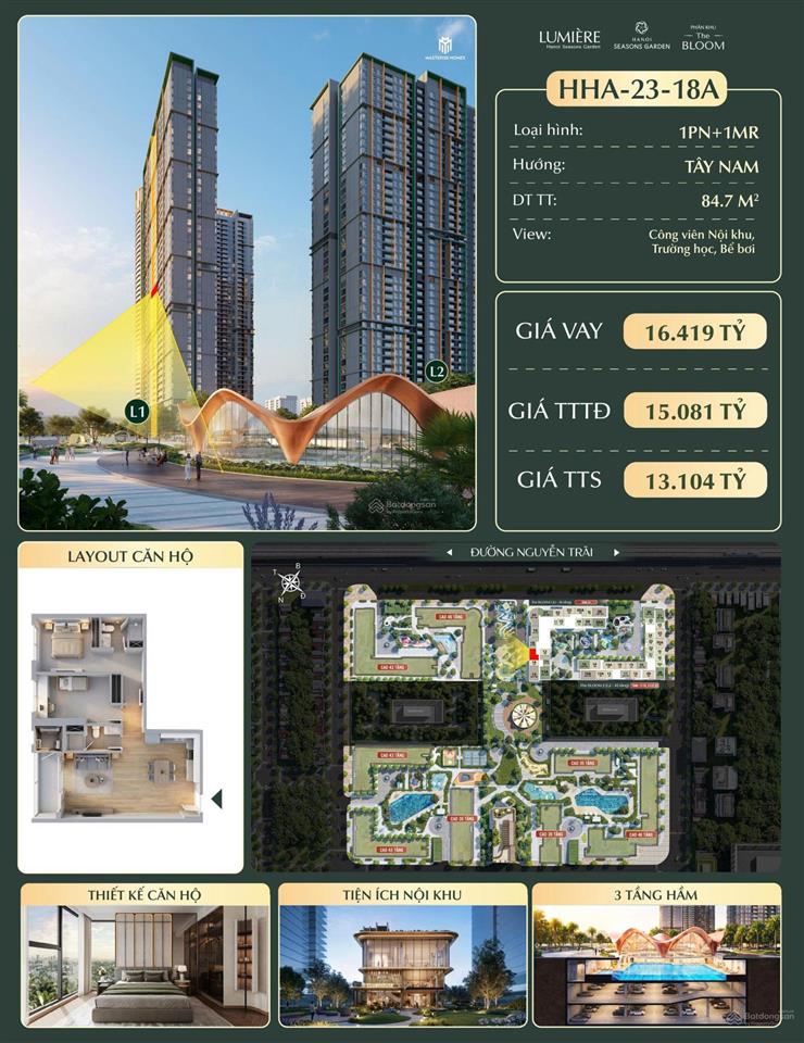 Hha2318a căn 1pn+1mr  diện tích 84.7m2 *dự án lumière hanoi seasons