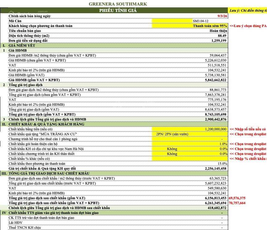 Bán cc greenera southmark, ngọc hồi, 6,2 tỷ, 88m2, 3pn, 2vs, uy tín