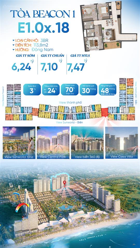Căn hộ beacon tower  sở hữu lâu dài chỉ 55tr/m2  113,8m², 3pn, 2wc  view biển + pháo hoa
