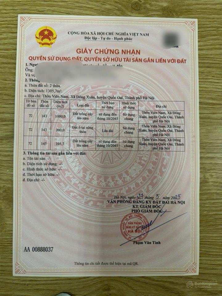 Chính chủ bán 1200m2 đất tại đông xuân, quốc oai, khu dân cư đông đúc, sẵn sổ, gần tuyến metro