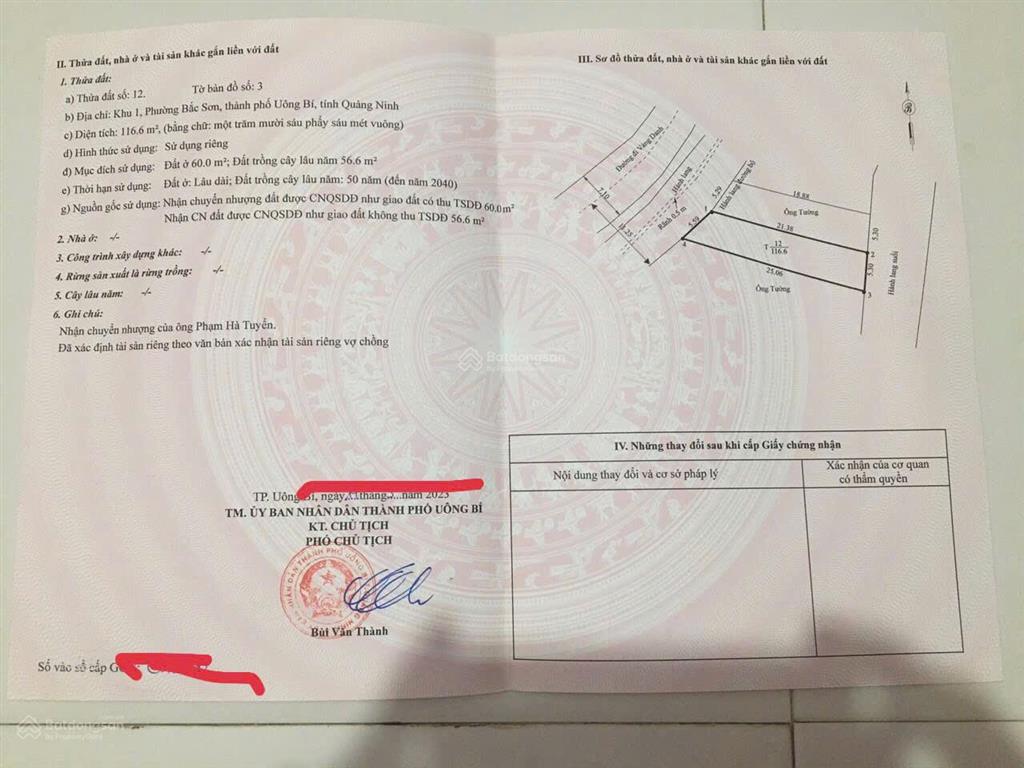 Đất nền mặt đường bắc sơn tổng 116,6m2 có 60m2 xây dựng