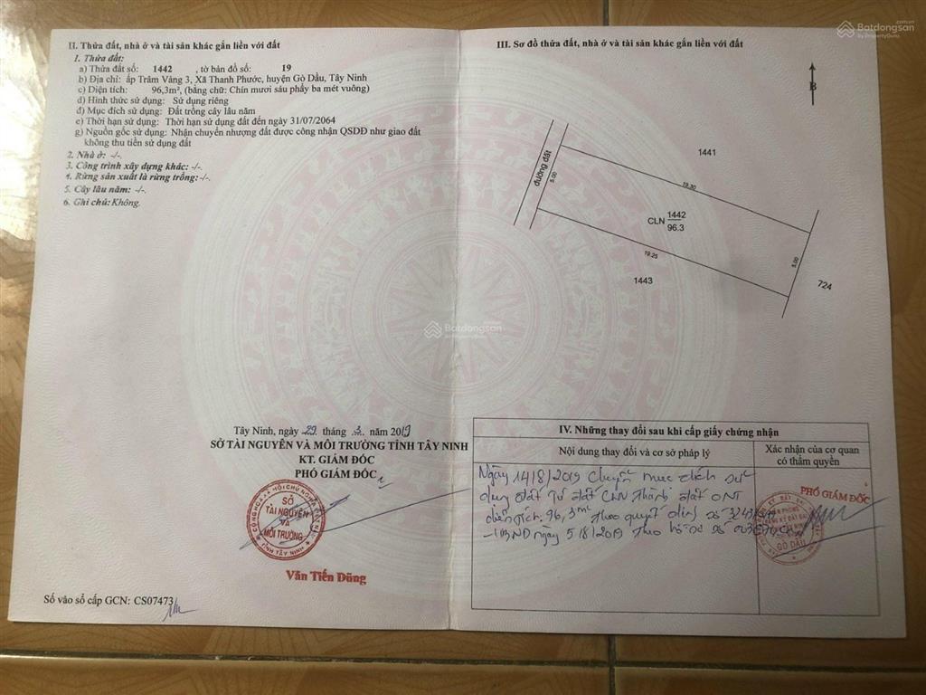 Bán đất 96.3m2, 490 triệu tại xã thanh phước, huyện gò dầu, tây ninh