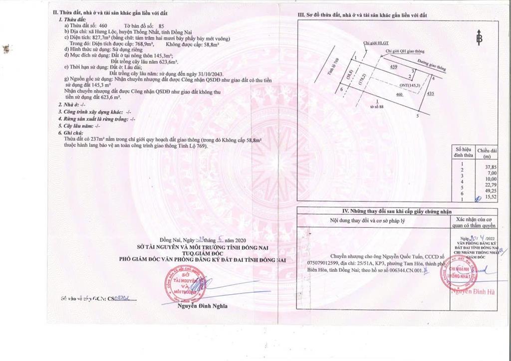 Bán đất mặt tiền đt 769 xã hưng lộc, thống nhất, đồng nai