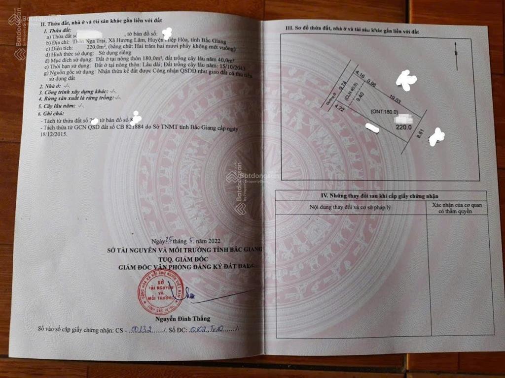 Chính chủ gửi bán đất tại thôn nga trại, xã xuân cẩm, bắc ninh, 220 m2, giá 3,25 tỷ