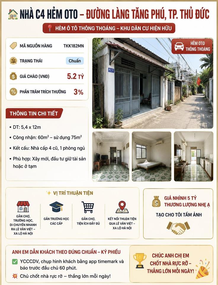 Hẻm ô tô thủ đức  làng tăng phú  60m thổ cư  chỉ nhỉnh 5 tỷ, mua đất tặng nhà c4!