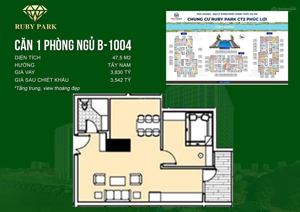 Cần bán căn hộ 1pn  45m2 giá 3 tỷ mềm nhất dự án, tầng thấp, view đường phố, bán trong tháng