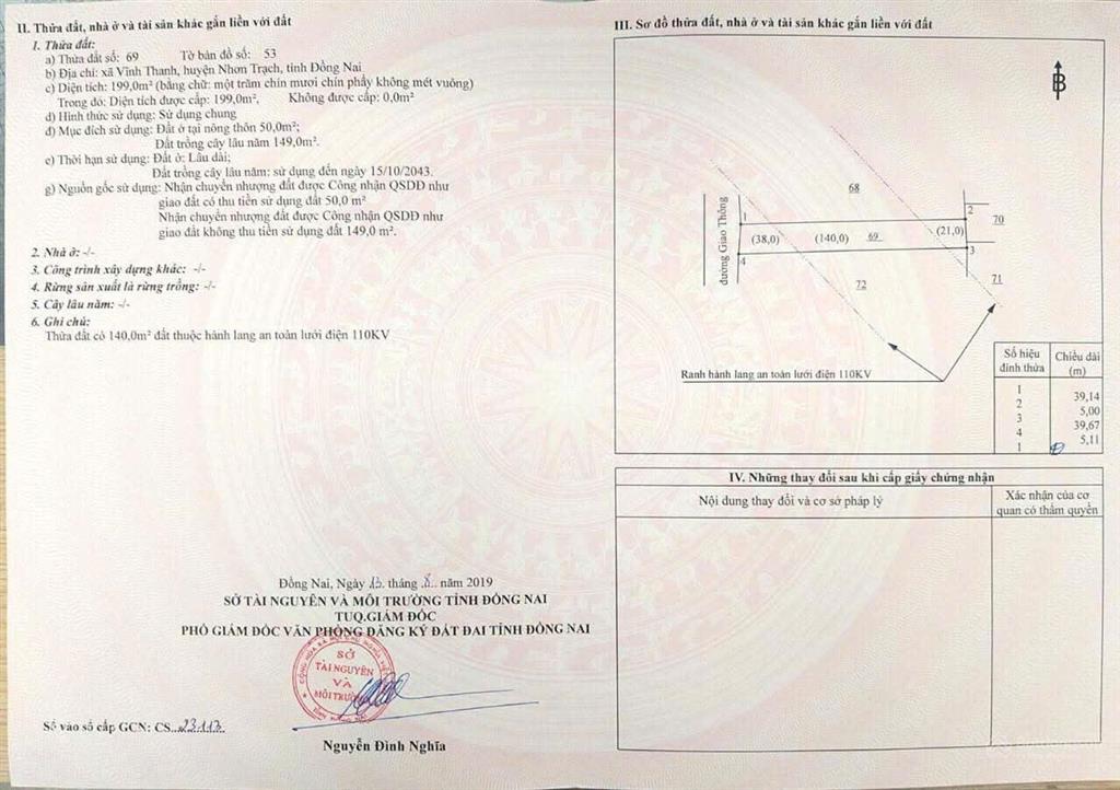 Bán đất xã vĩnh thanh, nhơn trạch 199m² có thổ cư, sổ riêng, đầu tư tốt