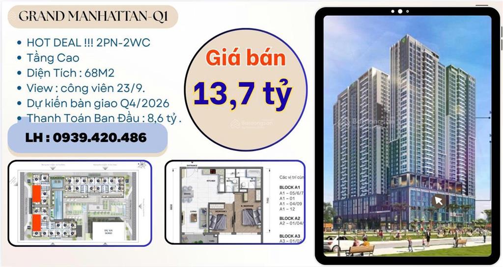 Rẻ nhất dự án, 2pn tầng cao ,view đẹp giá bán chỉ 13,7 tỷ thanh toán ban đầu 8,6 tỷ. 0939 420 ***