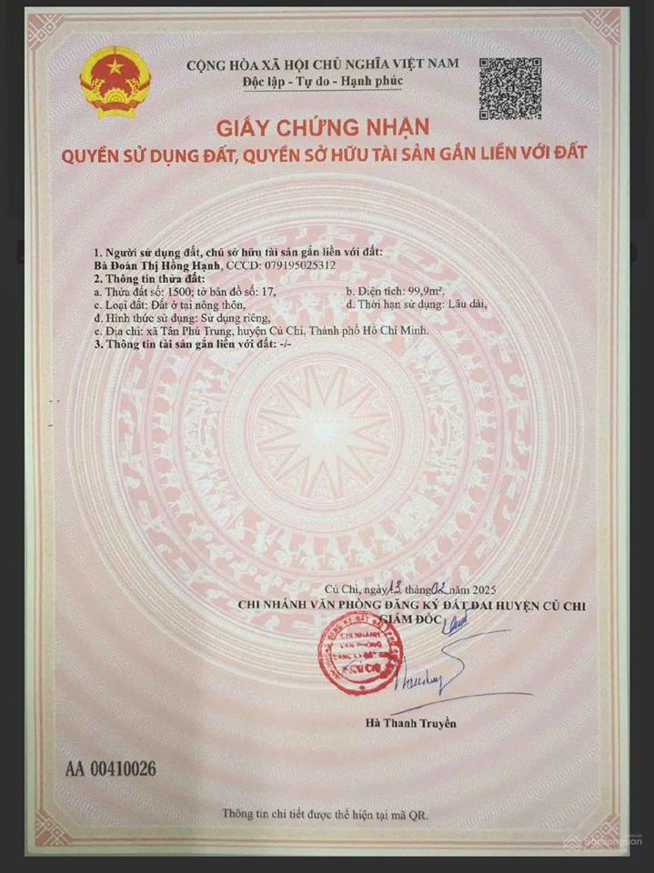 Đất sạch, ko dính quy hoạch, sổ hồng riêng chỉ 1,9 tỷ tại tân phú trung, củ chi 100m2