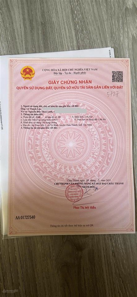 Bán đất tại xã trí bình, huyện châu thành, tỉnh tây ninh, 134.5m2 full tc, pháp lý đầy đủ