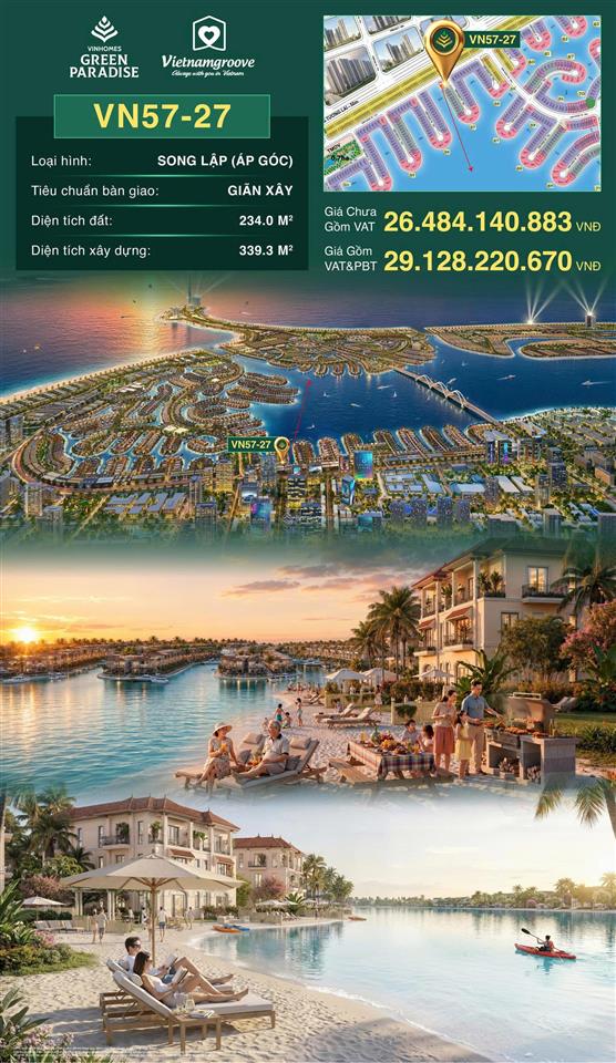 Bán biệt thự áp góc vn5727 vịnh ngọc 26,4 tỷ, sát biển cát trắng tuyệt đẹp!
