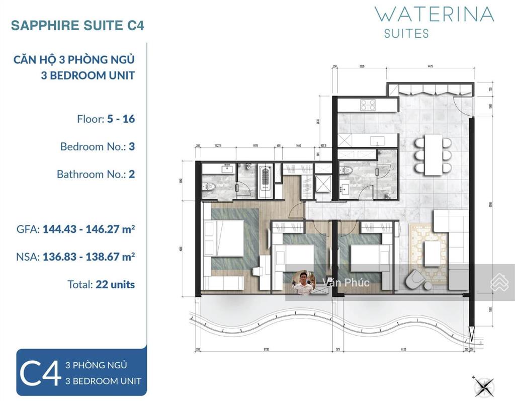 Waterina suites 3pn  146m2  full nội thất 38 triệu/tháng net