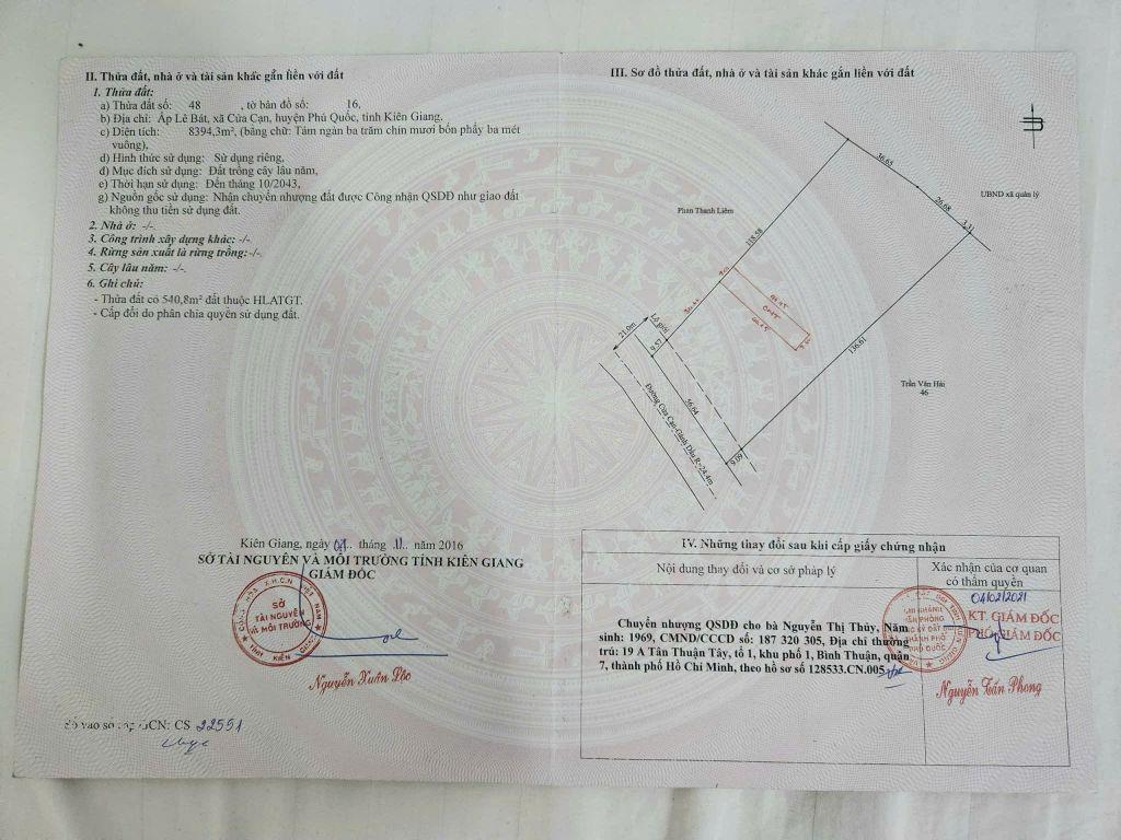 BÁN ĐẤT PHÚ QUỐC, TỈNH KIÊN GIANG – DT 8394,3 M2 - SHR – 18TR/M2. LH:0903464999