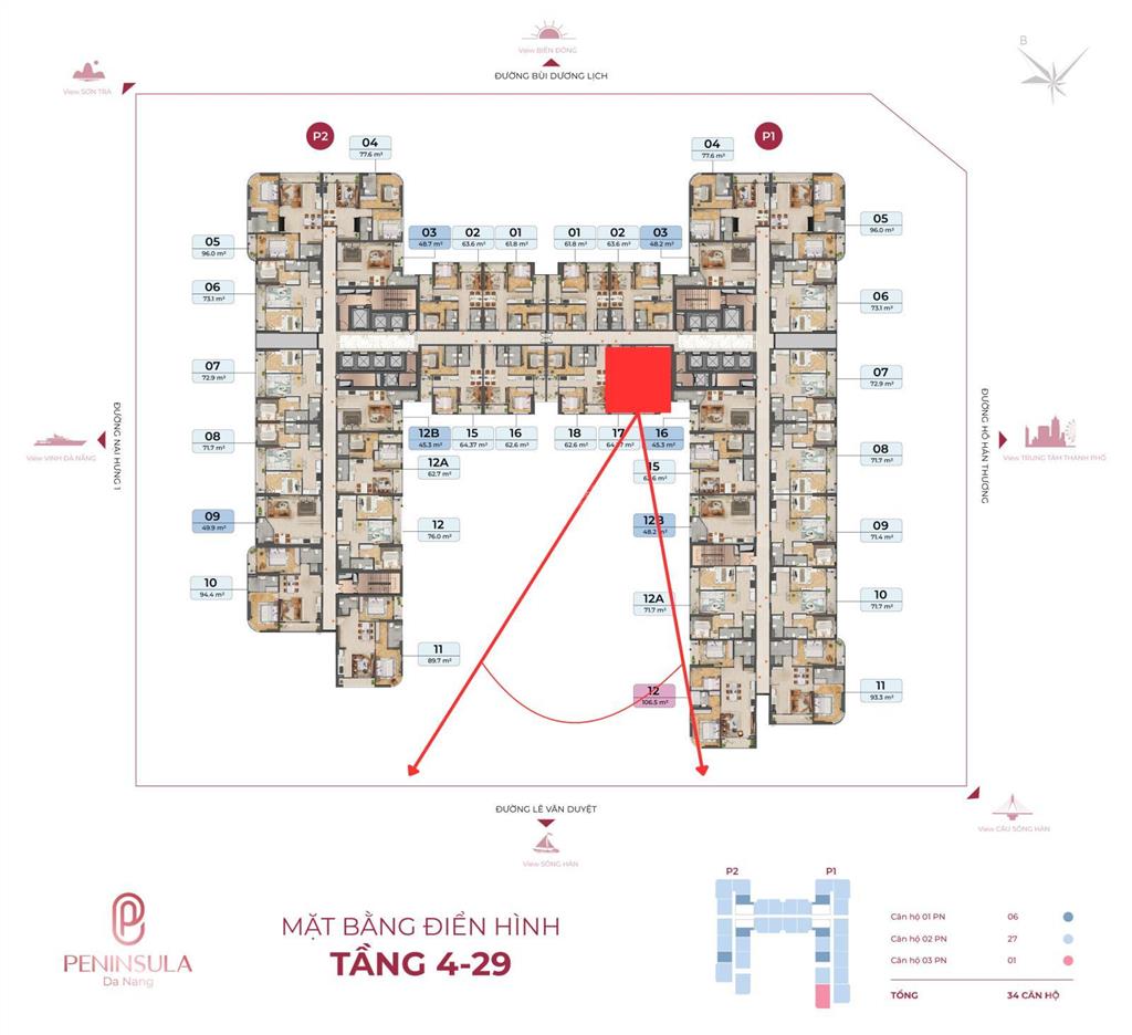 Căn 2pn hiếm peninsula view trực diện sông hàn, không che chắn, giá cực tốt