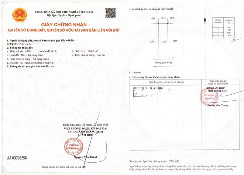 Chính chủ bán đất nền 100m2 (5x20m) ngay trung tâm hành chính huyện trảng bom, thành phố đồng nai