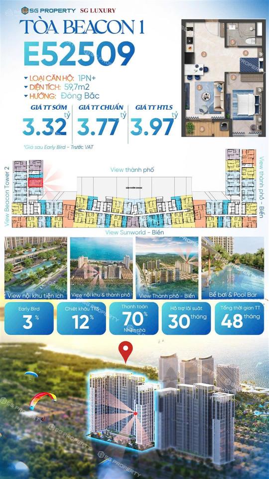 Căn hộ biển beacon 1pn+ 59.7m² dự kiến tts 3,32 tỷ | 70% nhận nhà | sổ lâu dài duy nhất vũng vàu