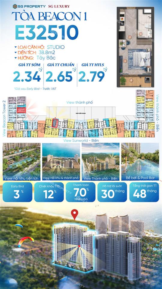 Căn hộ biển beacon studio + 38m² dự kiến 2.34 tỷ | 70% nhận nhà | sổ lâu dài duy nhất vũng vàu