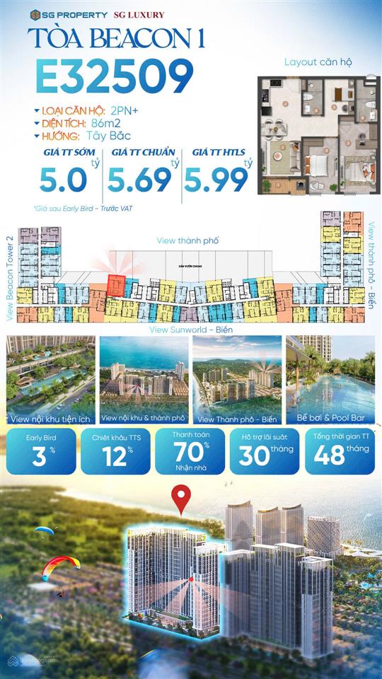 Căn hộ biển beacon 2pn + 86m² dự kiến 5 tỷ | 70% nhận nhà | sổ lâu dài duy nhất vũng vàu