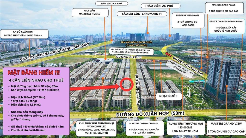 Cho thuê gấp 4 shophouse liền nhau, mt 20m the global city, đường n2 20m, 1400m2 sàn  0963 829 ***