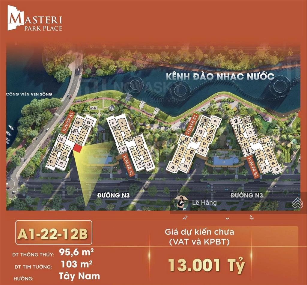 Bán căn hộ 3pn masteri park place tầm view kênh đào nhạc nước, ck 12%, ân hạn gốc 4 năm