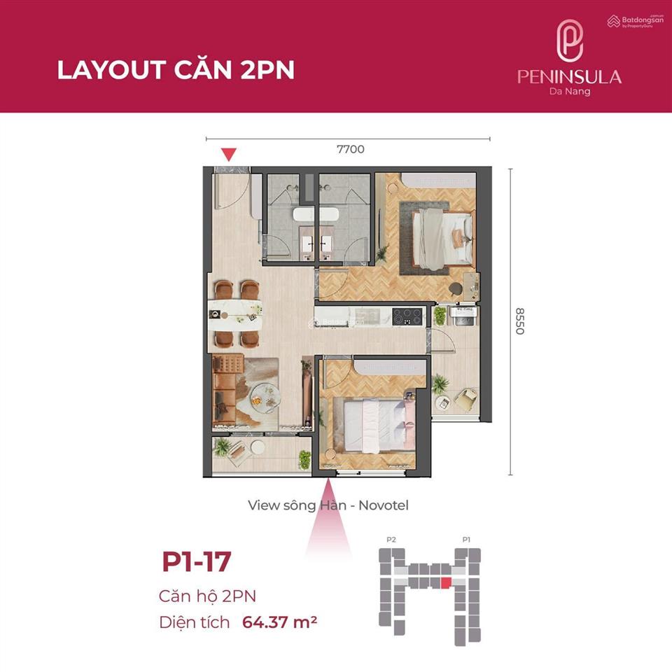 Duy nhất, cần bán gấp căn hộ 2pn 64,3 m2 peninsula view sông hàn, đà nẵng