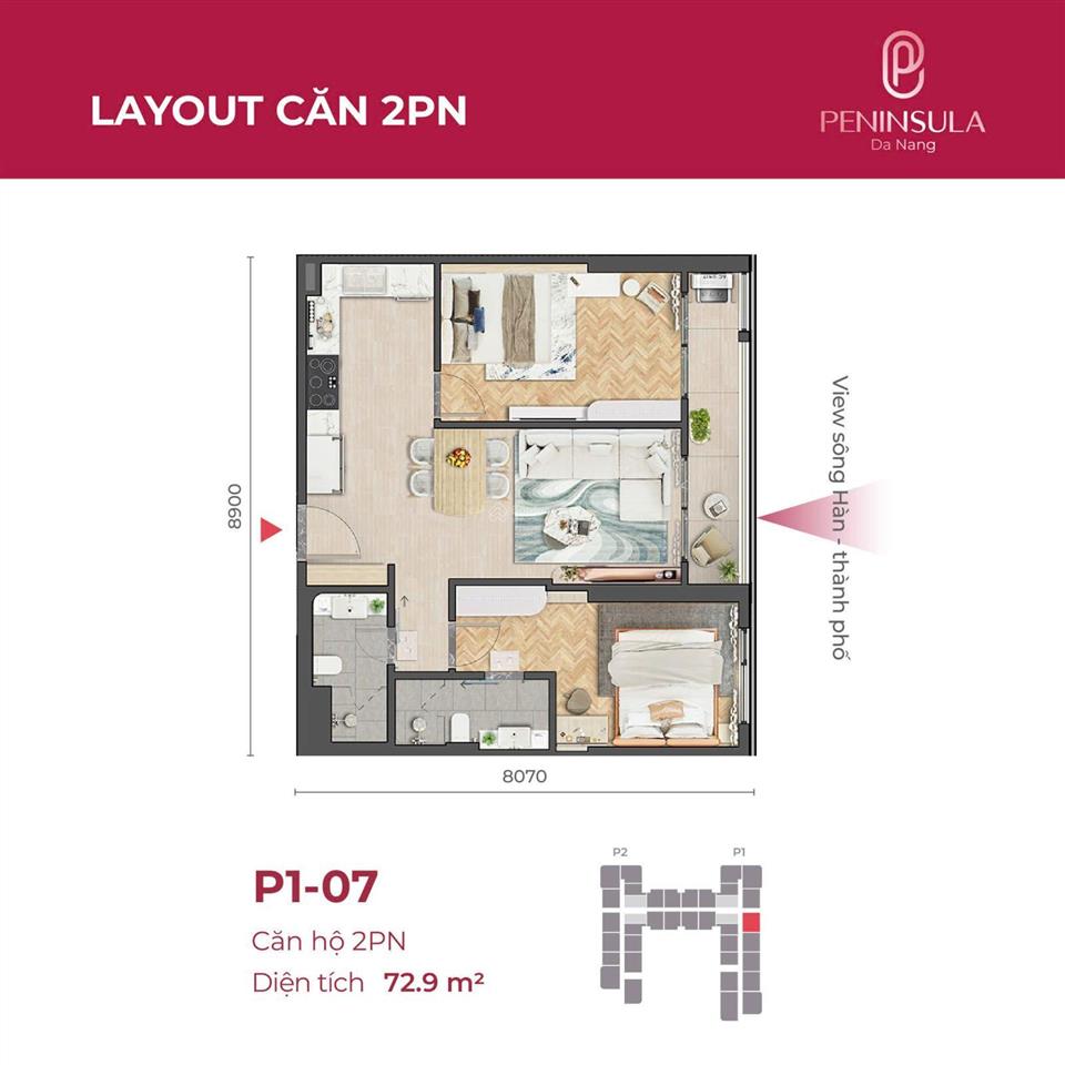 Duy nhất, cần bán gấp căn hộ 2pn 72,9 m2 peninsula view sông hàn, đà nẵng