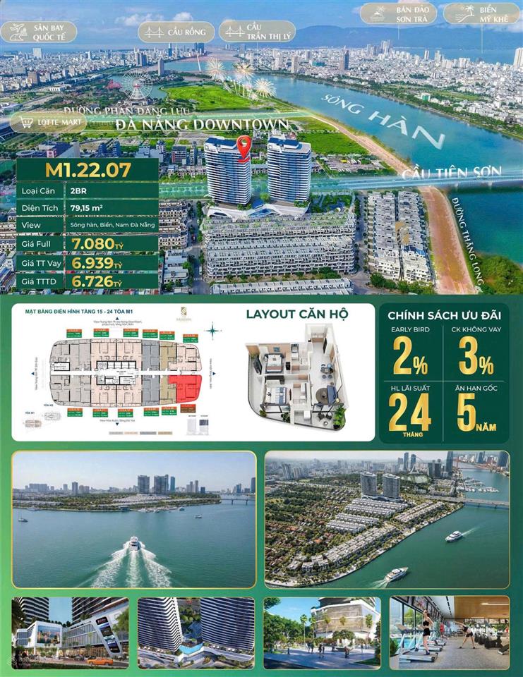 Căn góc 2pn view biển  ngã 3 sông  có sân thượng ngắm pháo hoa  the meridian đà nẵng