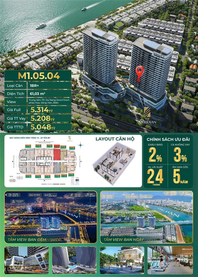 2pn, 1wc vuông vức đẹp không tì vết  view pháo hoa downtown có tòa 69 tầng  the meridian đà nẵng