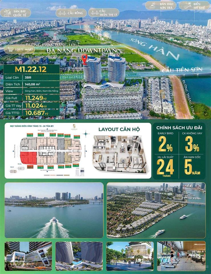 3pn,3wc, 140m2  phù hợp gia đình đông người  tầng cao, view biển, sông, núi, tp  the meridian