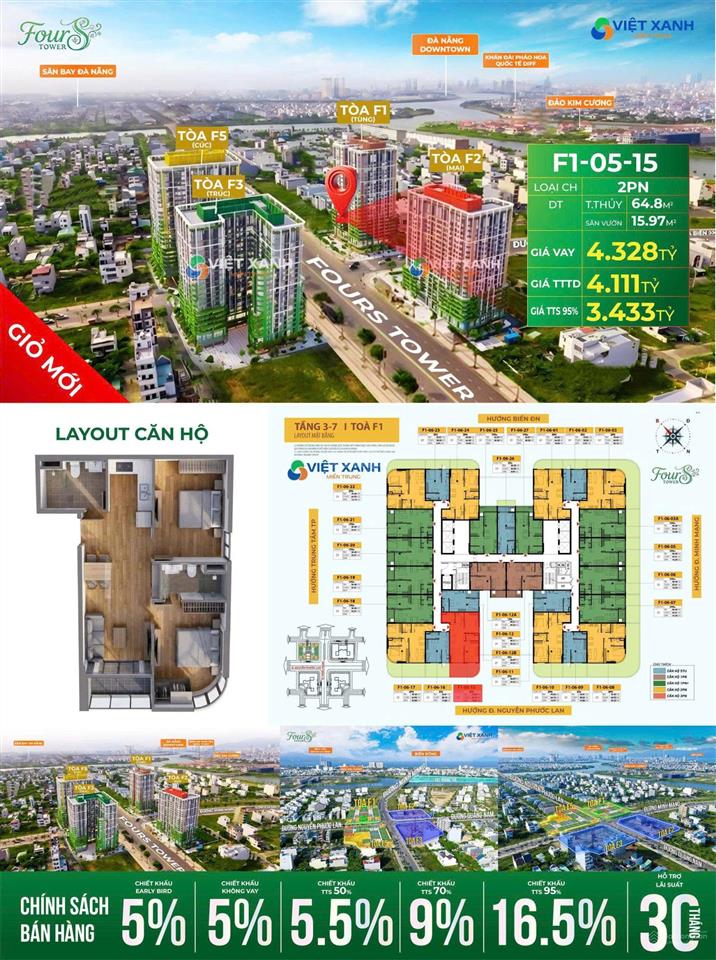 2pn + sân vườn riêng 16m2 giá gốc cdt  sống như biệt thự trên cao tại fours tower .