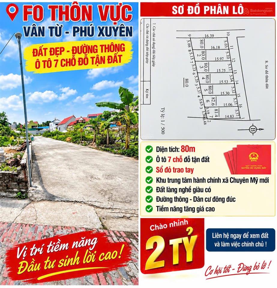 Bán đất đẹp xuất sắc, 2 lô f0 thôn vực, xã vân từ, phú xuyên, giá thỏa thuận, 80m2