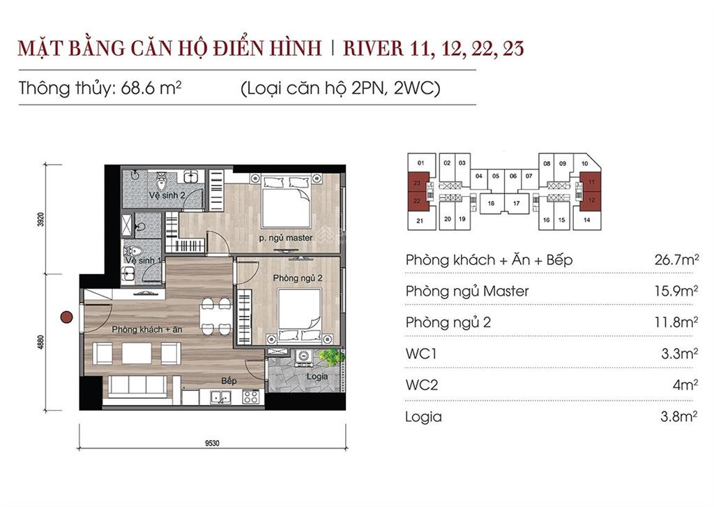 Bán nhanh căn 2pn2vs 68m2 toà river. giá 4.350 săn sổ