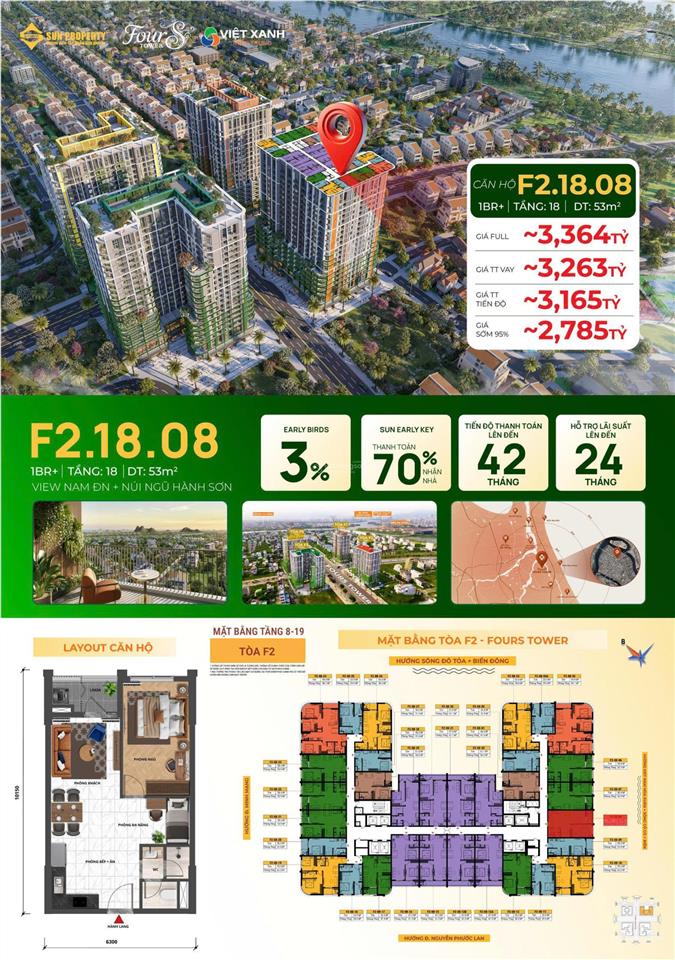 Nổi bật bán căn hộ f2.18.08 fours tower 1pn+ tầng 18 view núi ngũ hành sơn sungroup