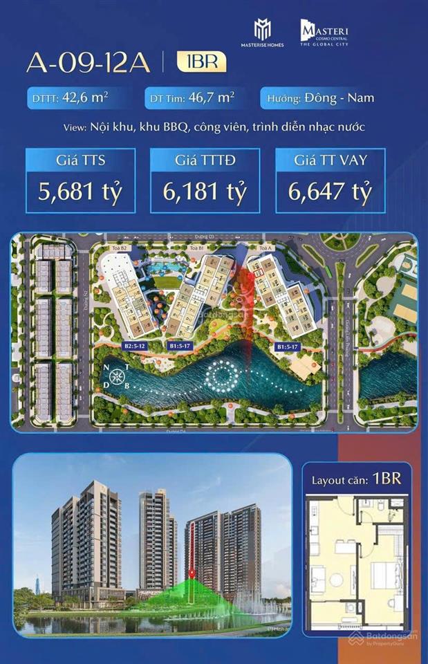 Hiếm 1pn masteri cosmo central  global city chỉ từ 5.681 tỷ view đẹp nội khu, đầu tư giữ tiền tốt