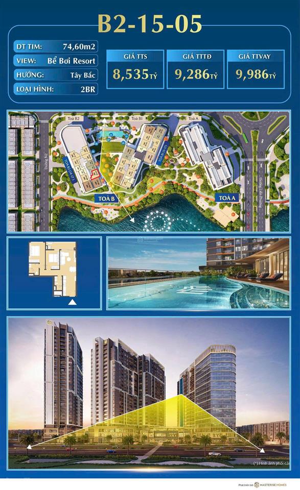 2pn masteri cosmo central  view hồ bơi resort  74.6m²  giá tốt 8.535 tỷ